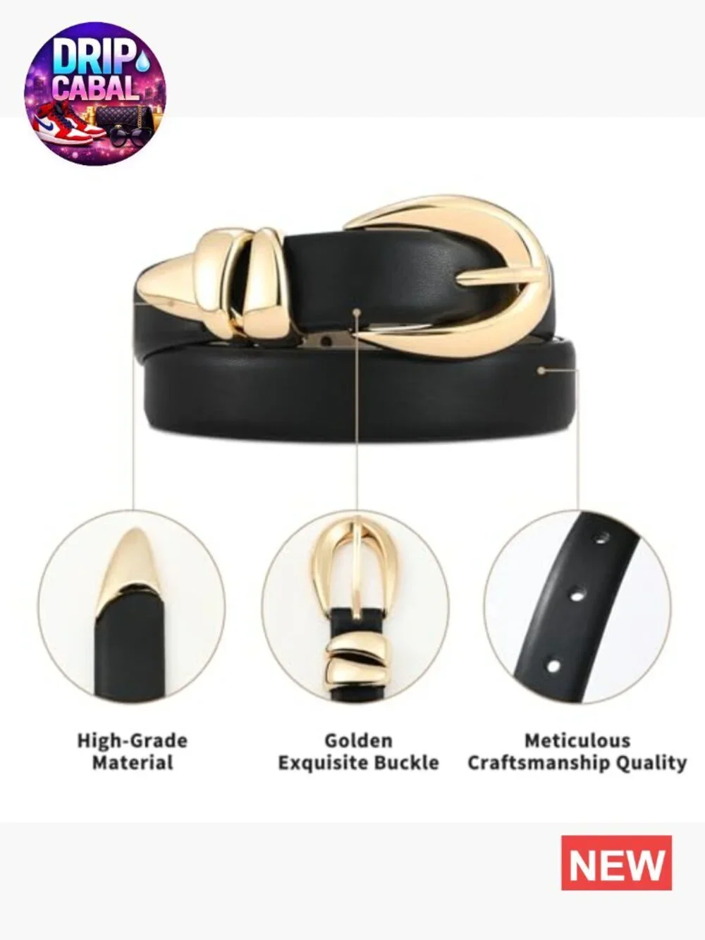 Faux Leather Belt with Gold Metal Buckle for Women